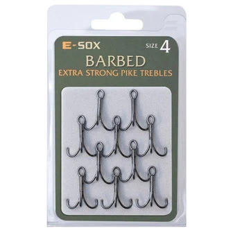 E-Sox Extra Strong Pike Trebles Size 4 Barbed 3 E-Sox Extra Strong Pike Trebles Size 4 Barbed